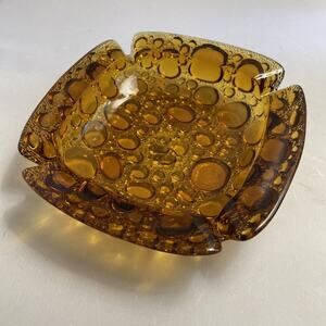 Vintage Libbey Amber Pebble Glass Square Ashtray Orange Bubble MCM Retro‎